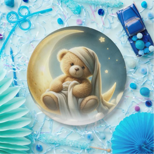 Teddy Bear on Moon Glow Stars Babydusche Pappteller (Party)