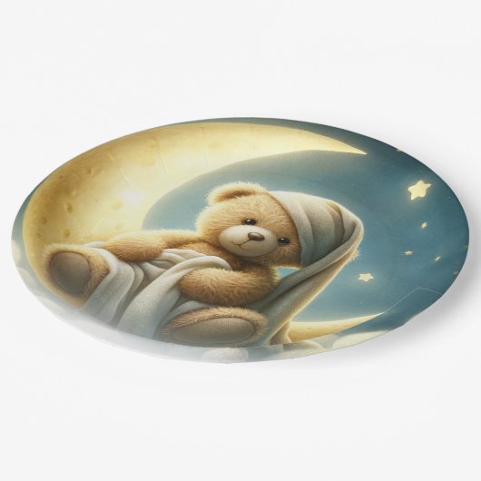 Teddy Bear on Moon Glow Stars Babydusche Pappteller (Schrägansicht)