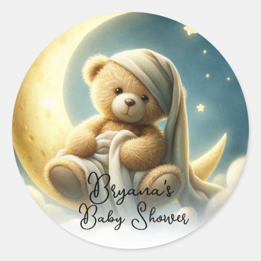 Teddy Bear on Moon Glow Stars Babydusche Runder Aufkleber (Vorderseite)