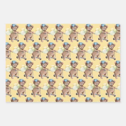 Teddy Bear on Scooter, Strip, Balloons Geschenkpapier Set (Vorderseite)