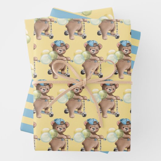 Teddy Bear on Scooter, Strip, Balloons Geschenkpapier Set (Beispiel)