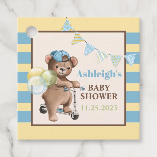 Teddy Bear on Scooter, Striping Baby Shooter Geschenkanhänger (Vorderseite)