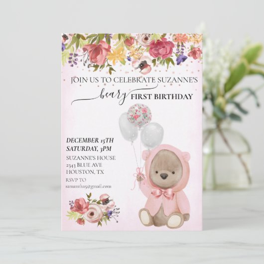 Teddy Bear One Birthday Pink Girl Einladung (Stehend Vorderseite)