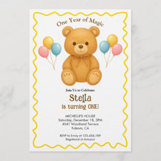 Teddy Bear One Year of Magic First Birthday Einladung