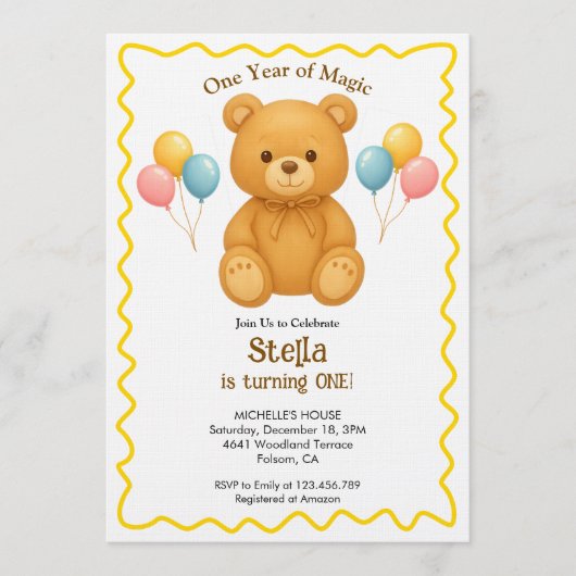 Teddy Bear One Year of Magic First Birthday Einladung (Vorderseite)