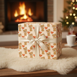 Teddy Bear Orange Heart Wrapping Paper Sheet Geschenkpapier Set