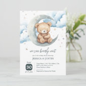 Teddy Bear Over the Moon Baby Shower Einladung (Stehend Vorderseite)