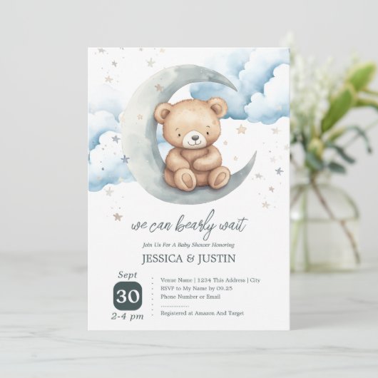 Teddy Bear Over the Moon Baby Shower Einladung (Stehend Vorderseite)