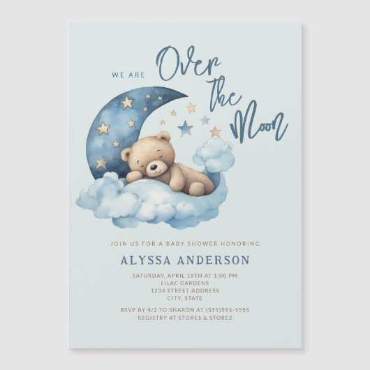 Teddy Bear Over the Moon Baby Shower Magneteinladung (Vorderseite)