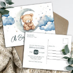 Teddy Bear Over the Moon Baby Shower Postkarte<br><div class="desc">Lieblich Teddy Bär Aquarellbilder in Bräunungen,  Braun und Blau. Super Baby Baby Dusche Thema. Aquarellwolken,  Mond,  Sterne und niedlicher Teddybär. Individuelle / personalisierte Babydusche. Verfügbar als digitaler Download. Suchen Sie in meiner Baby Dusche Kategorie im Shop nach passenden Artikeln.</div>
