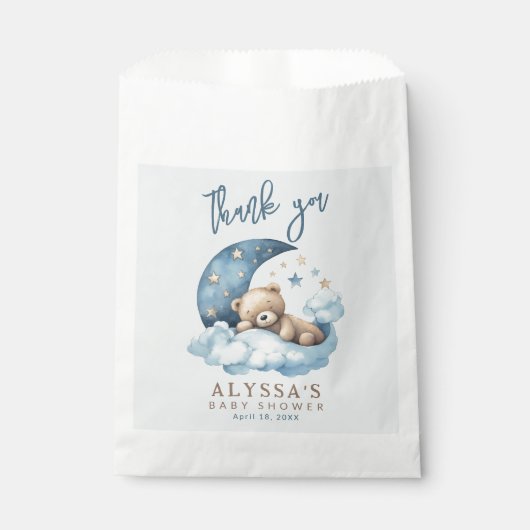 Teddy Bear Over the Moon Blue Baby Shower Geschenktütchen (Vorderseite)