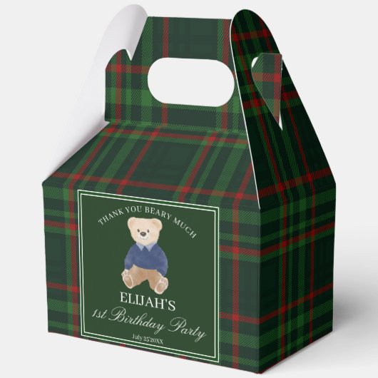Teddy bear party favors green plaid personalized geschenkschachtel (Vorderseite)