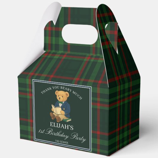 Teddy bear party favors green plaid personalized geschenkschachtel (Vorderseite)