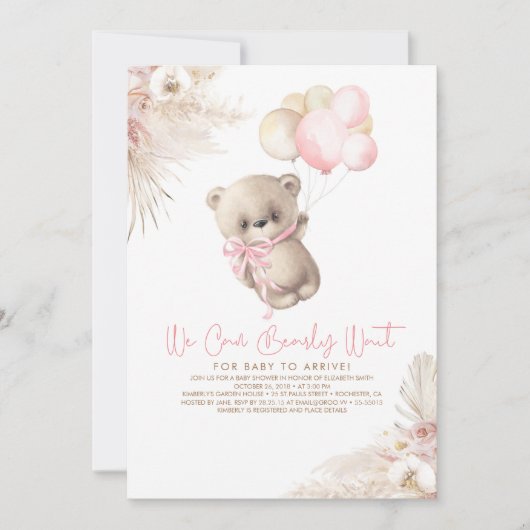 Teddy Bear Pastel Brown Pink Boho Girl Babydusche Einladung (Vorderseite)