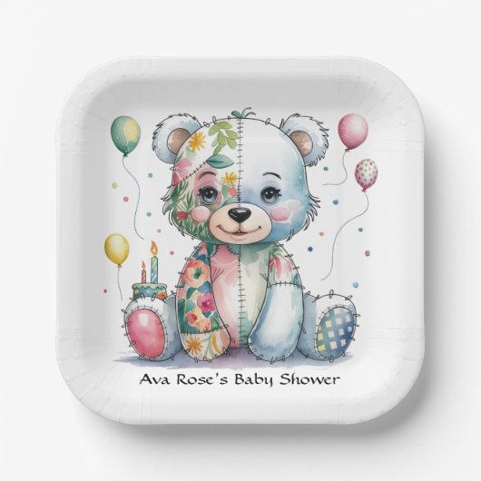 Teddy Bear Patchwork in Floral Girl Baby Shower Pappteller (Vorderseite)