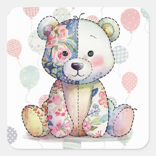 Teddy Bear Patchwork in Floral Girl Baby Shower Quadratischer Aufkleber (Vorderseite)