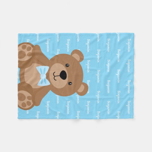 Teddy Bear Personalisiert Blue Name Boy Fleecedecke (Vorderseite (Horizontal))
