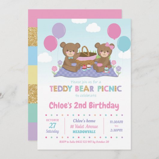 Teddy Bear Picnic Birthday Einladung Girl (Vorne/Hinten)