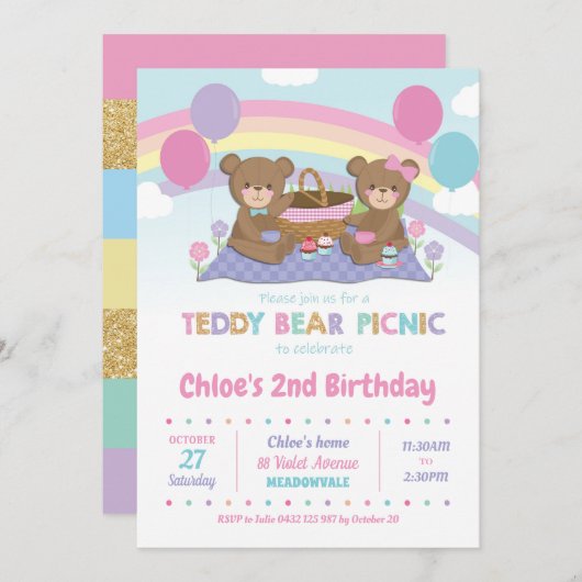 Teddy Bear Picnic Birthday Einladung Girl (Vorne/Hinten)