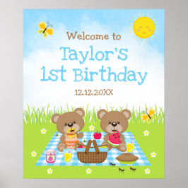 Teddy Bear Picnic Blue Geburtstag Begrüßungszeiche Poster