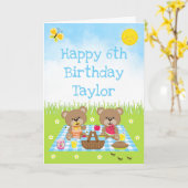 Teddy Bear Picnic Blue Gingham Happy Birthday Karte (Gelbe Blume)