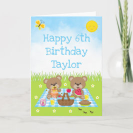 Teddy Bear Picnic Blue Gingham Happy Birthday Karte