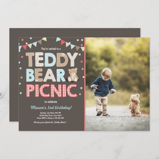 Teddy Bear Picnic Geburtstag Einladung Blue (Vorne/Hinten)