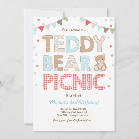 Teddy Bear Picnic Geburtstag Einladung Blue (Vorderseite)