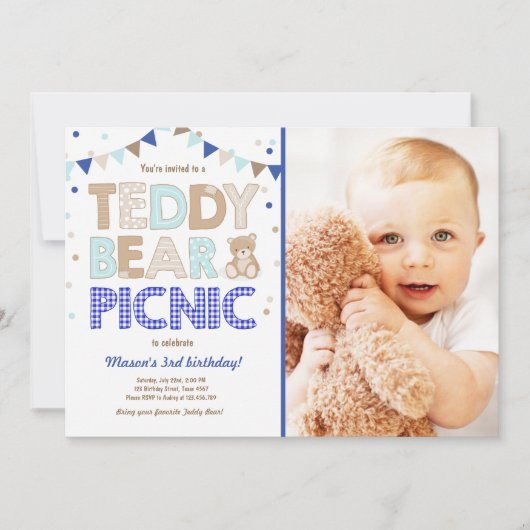 Teddy Bear Picnic Geburtstag Einladung Blue Ar (Vorderseite)