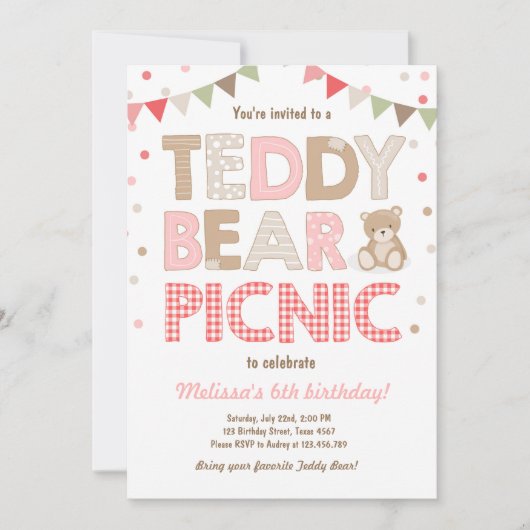 Teddy Bear Picnic Geburtstag Einladung Pink (Vorderseite)