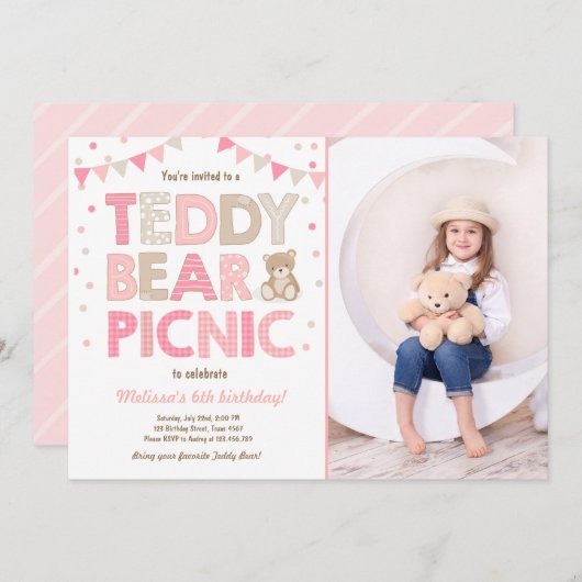 Teddy Bear Picnic Geburtstag Einladung Pink (Vorne/Hinten)