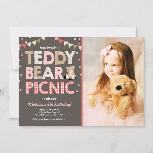 Teddy Bear Picnic Geburtstag Einladung Pink (Vorderseite)