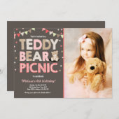 Teddy Bear Picnic Geburtstag Einladung Pink (Vorne/Hinten)