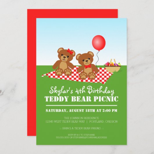 Teddy Bear Picnic Geburtstagsparty Einladung (Vorne/Hinten)