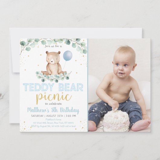Teddy Bear Picnic Greenerity Boy Birthday Einladung (Vorderseite)