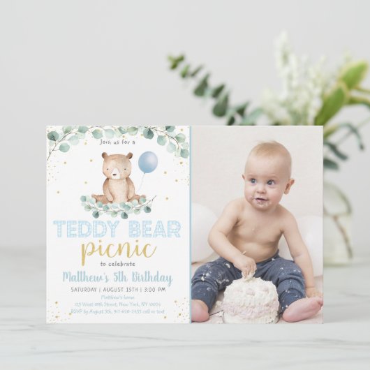 Teddy Bear Picnic Greenerity Boy Birthday Einladung (Stehend Vorderseite)