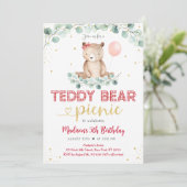 Teddy Bear Picnic Greenery Girl Birthday Einladung (Stehend Vorderseite)