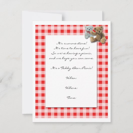 Teddy Bear Picnic mit roten und weißen Tabletten Einladung (Vorderseite)
