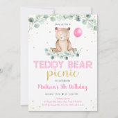 Teddy Bear Picnic Pink Floral Geburtstag Einladung (Vorderseite)