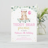Teddy Bear Picnic Pink Floral Geburtstag Einladung (Stehend Vorderseite)