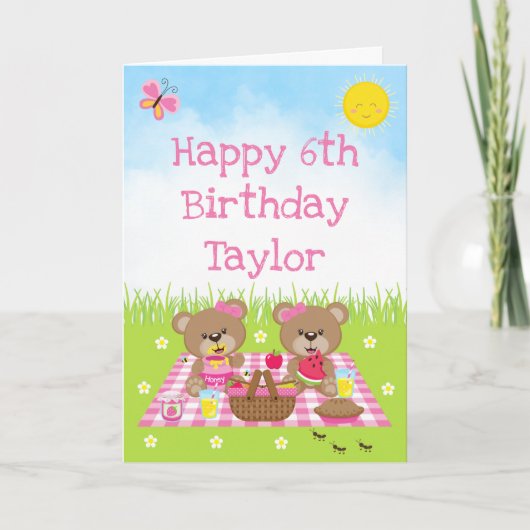 Teddy Bear Picnic Pink Gingham Happy Birthday Karte (Vorderseite)