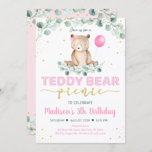 Teddy Bear Picnic Pink Gold Greenery Geburtstag Einladung