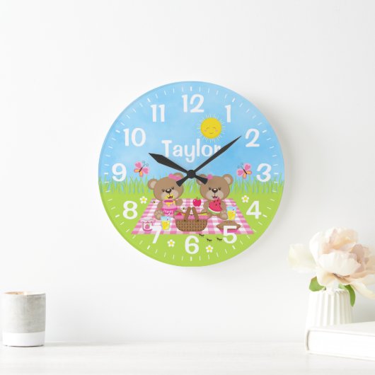 Teddy Bear Picnic Pink Große Wanduhr (Zuhause)