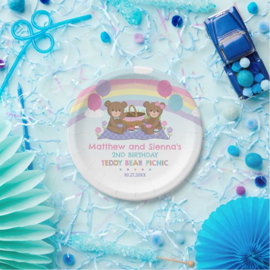 Teddy Bear Picnic Rainbow Twin Boy Girl Birthday Pappteller (Party)