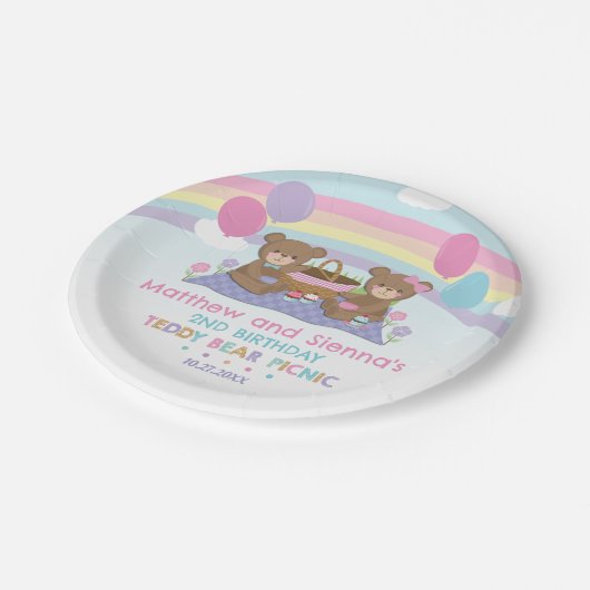 Teddy Bear Picnic Rainbow Twin Boy Girl Birthday Pappteller (Schrägansicht)