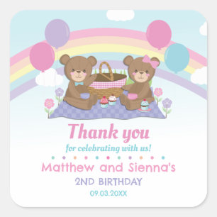 Teddy Bear Picnic Rainbow Twins Boy Girl Birthday Quadratischer Aufkleber