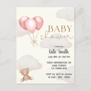 Teddy Bear Ping Ballons Watercolor Babydusche Postkarte