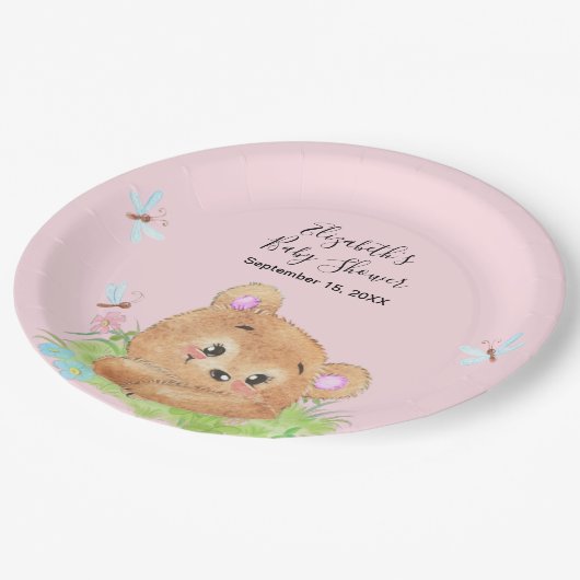 Teddy Bear Pink Baby Girl Duschgeschenk Pappteller (Schrägansicht)