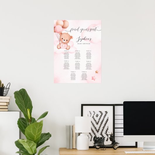 Teddy Bear Pink Baby Shower Seekarte Poster (Heimbüro)