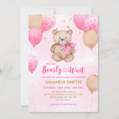 Teddy Bear Pink Ballon Bearly Wait Baby Dusche Einladung (Vorderseite)